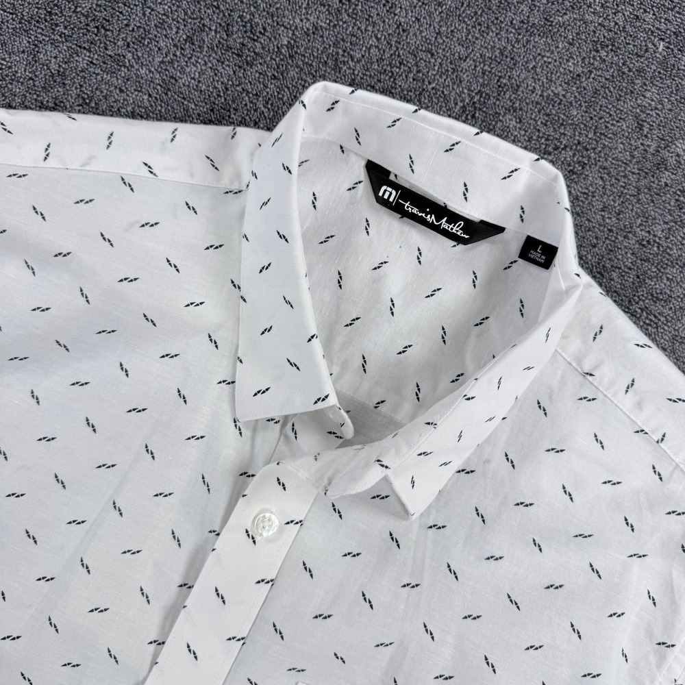 TravisMathew Mens Large White Geometric Print Short Sleeve Button Up Shirt